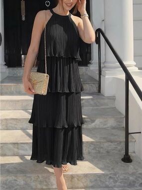 Black Tiered Pleated Halter Maxi Dress